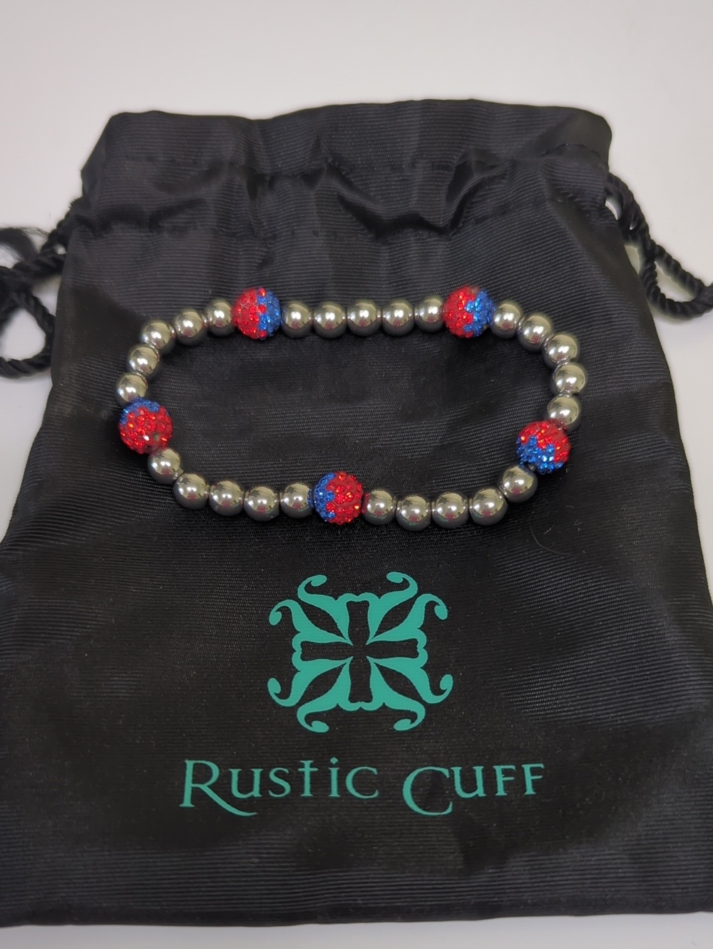 Rustic Cuff Silver, Red And Blue Stretch Bracelet